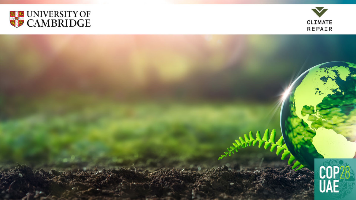 Picture of Earth on a glass ball shape on the ground with moss underneath. Logos of COP28, Climate Repair and University of Cambridge also on it.