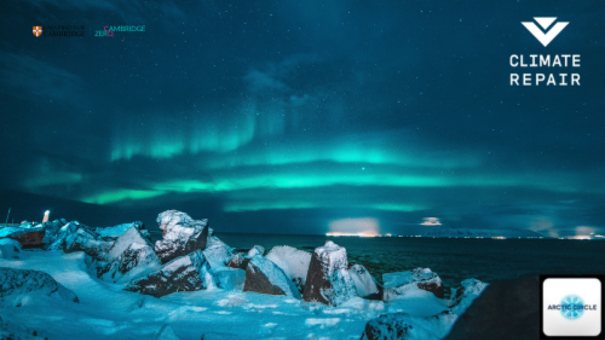 Card with picture of the Arctic. Logos of CCR, ACA, CZ and Univ of Cambridge. Photo by Nicolas J Leclercq on Unsplash