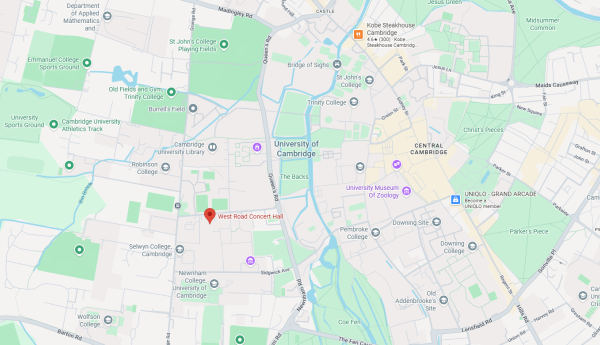 Map of Cambridge showing West Road Concert Hall