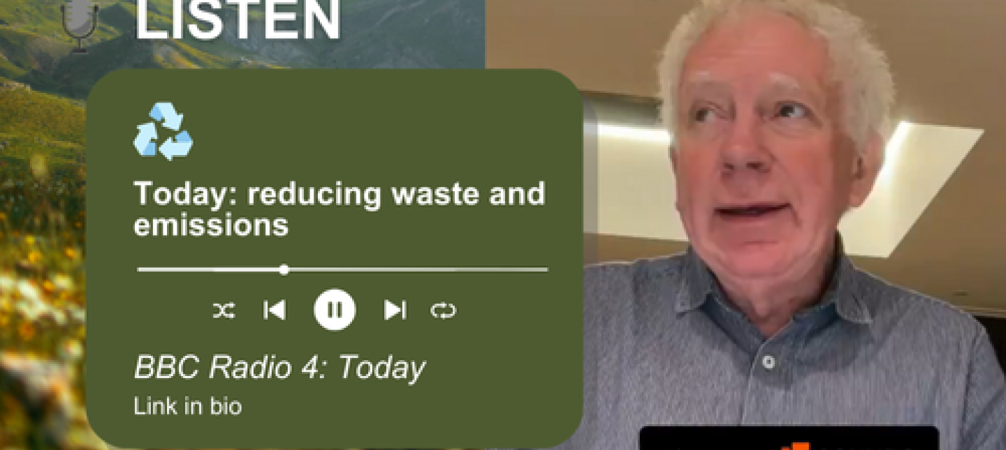 Picture of Hugh, a screenshot from BBC Sounds on Twitter. Next to picture of field with text saying 'Listen', 'Today: reducing waste and emissions' over music play symbols.