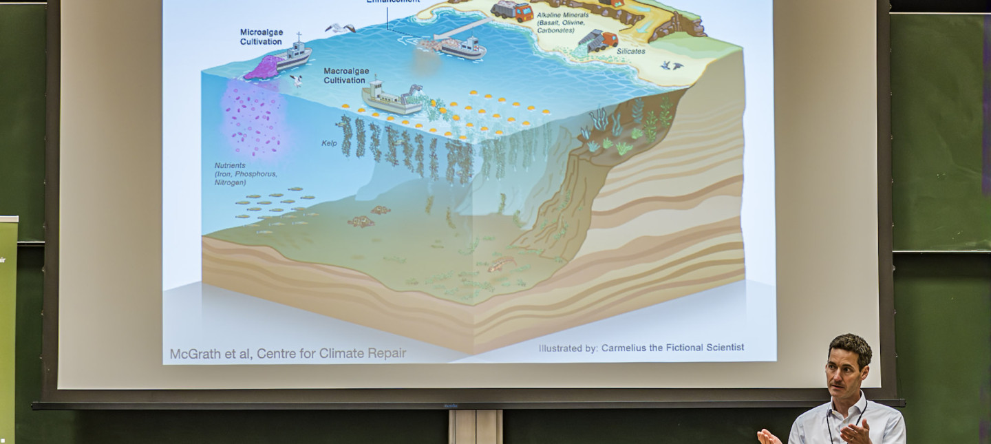 Person in front of a presentation showing an illustration of marine carbon dioxide removal
