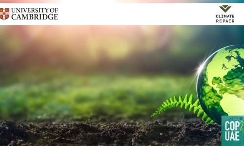 Picture of Earth on a glass ball shape on the ground with moss underneath. Logos of COP28, Climate Repair and University of Cambridge also on it.