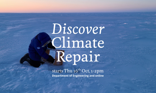 Discover Climate Repair banner with image of person operating drill in the Arctic