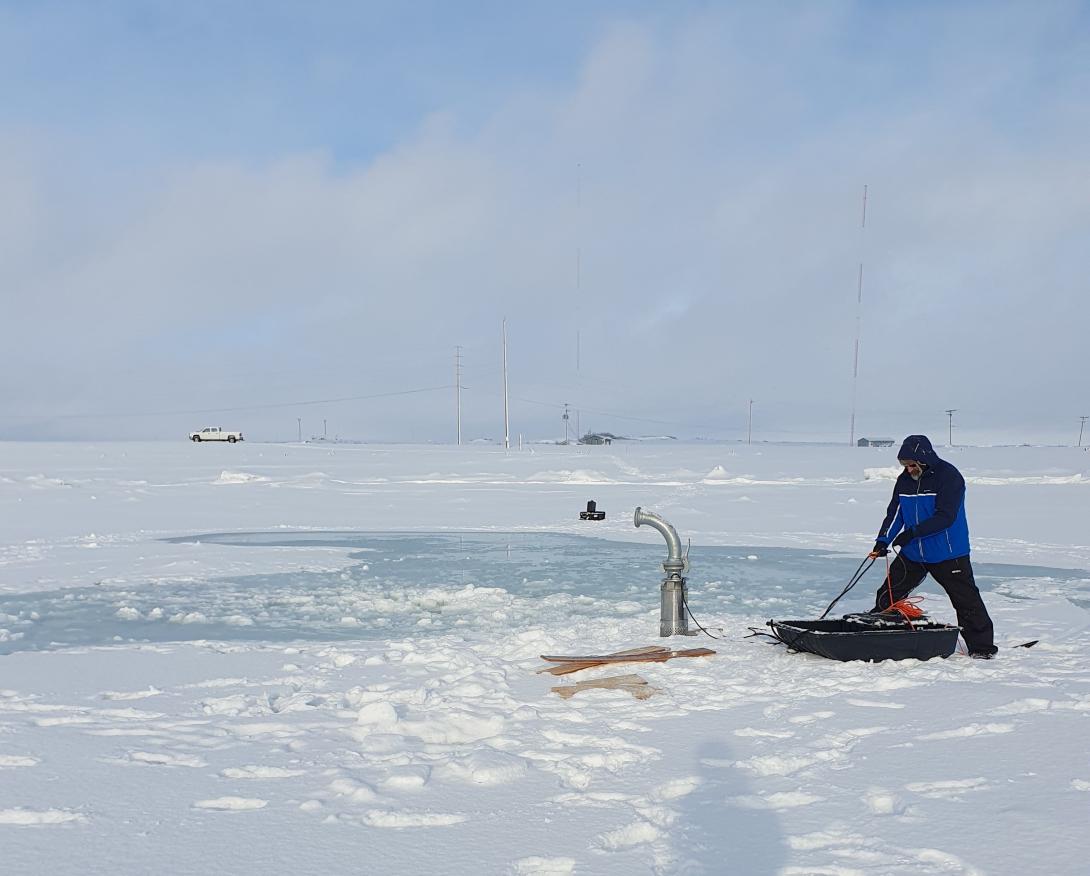 Picture of field experiment on ice thickening. Photo courtesy of Real Ice
