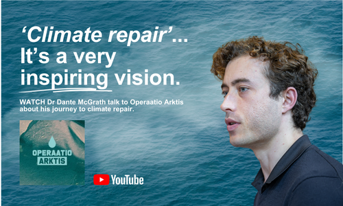 Image of Dante and Operaatio Arktis logo on background of sea and steam. Quote: "'Climate repair'... It's a very inspiring vision."