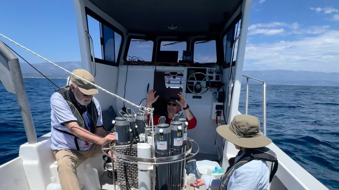 CTD cast sample collection, with Dave Mucciarone, Rob Dunbar, and Zhenna Azimrayat Andrews