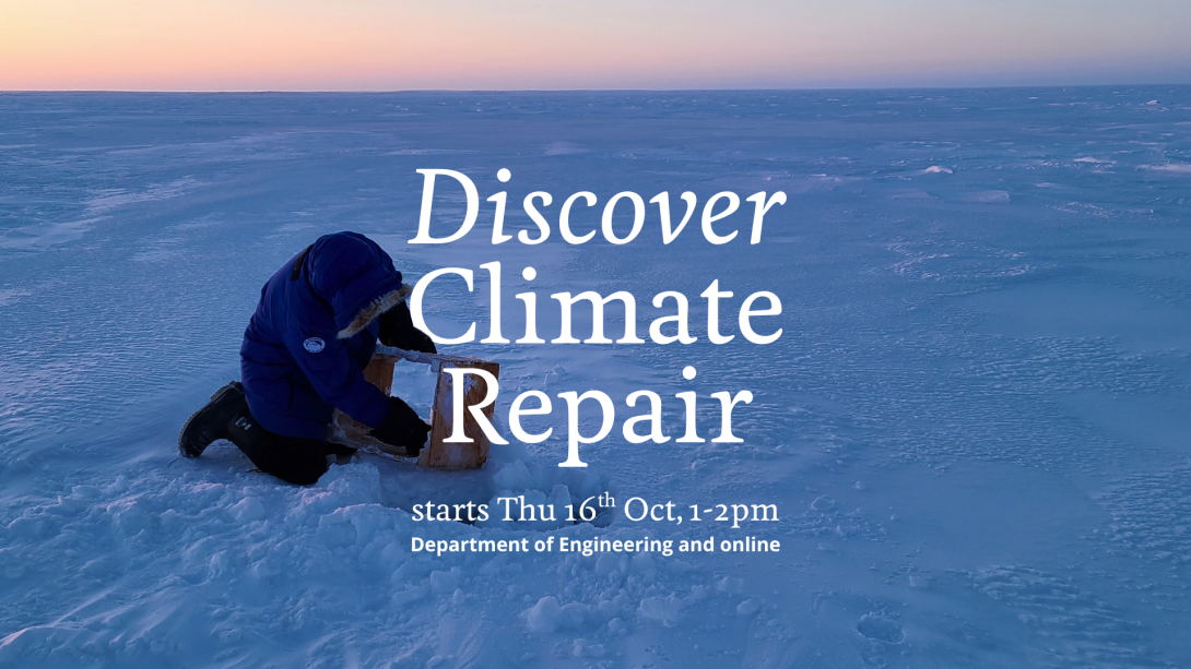 Discover Climate Repair banner with image of person operating drill in the Arctic