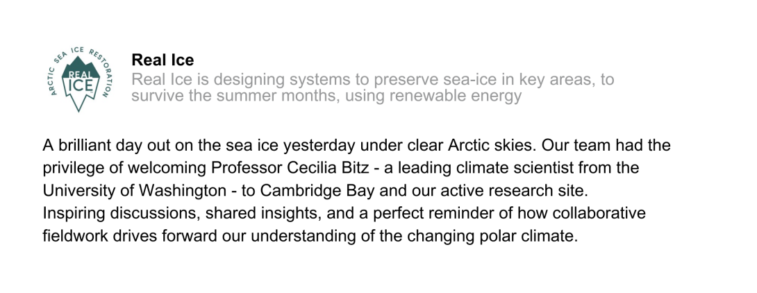 A brilliant day out on the sea ice yesterday under clear Arctic skies. Our team had the privilege of welcoming Professor Cecilia Bitz - a leading climate scientist from the University of Washington - to Cambridge Bay and our active research site. Inspiring discussions, shared insights, and a perfect reminder of how collaborative fieldwork drives forward our understanding of the changing polar climate.