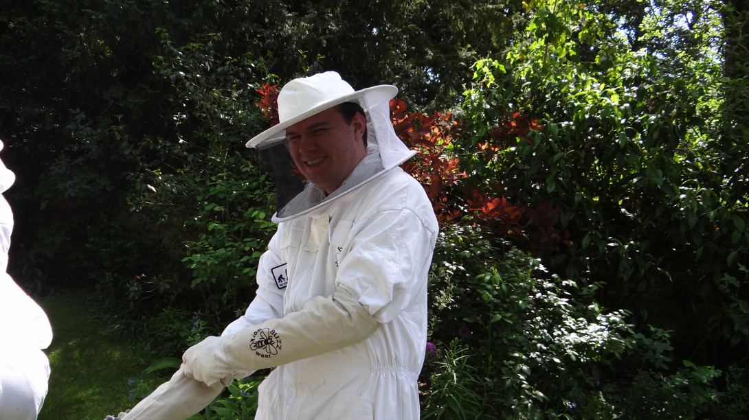 Jacob in beekeeping suit