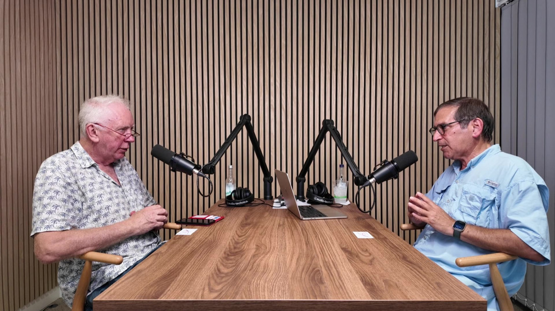 Hugh and Dan Bodansky recording podcast